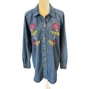 Vintage Alexa EM Floral Embellished Denim Jean Button Up Tunic Shirt Size Large